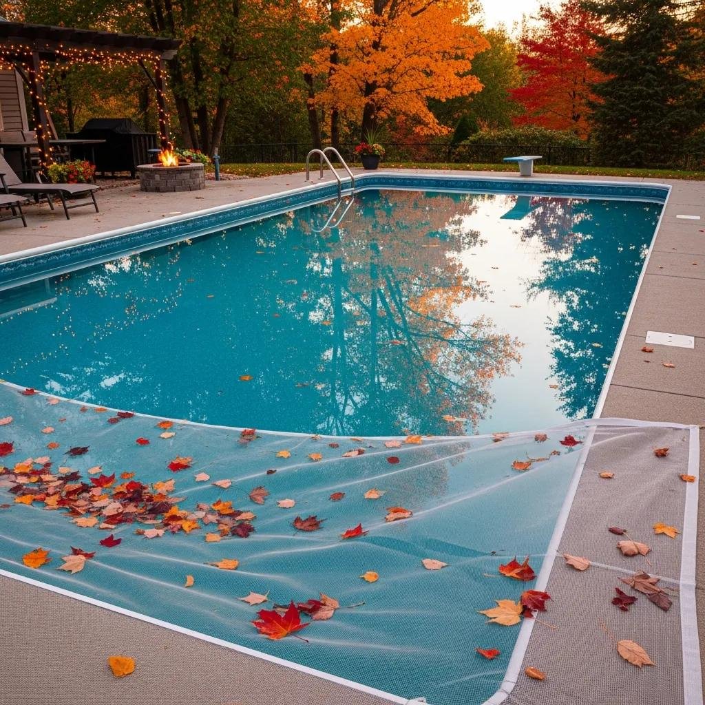 Fall Pool Closing & Winterization Services Autumn pool winterization scene with colorful leaves and a well-maintained swimming pool