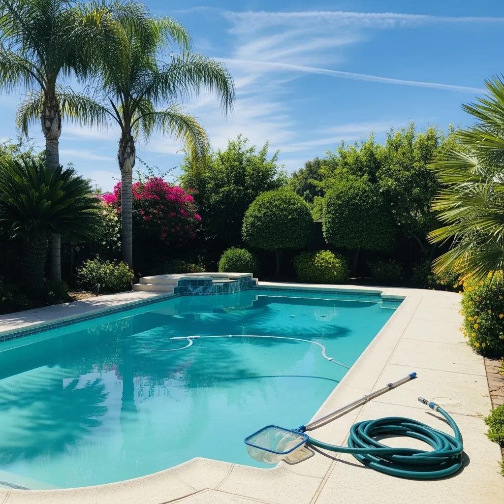 Pool Cleaning Fresno: #1 Trusted Local Service Since 2020 Clean swimming pool in Fresno backyard highlighting professional pool cleaning services