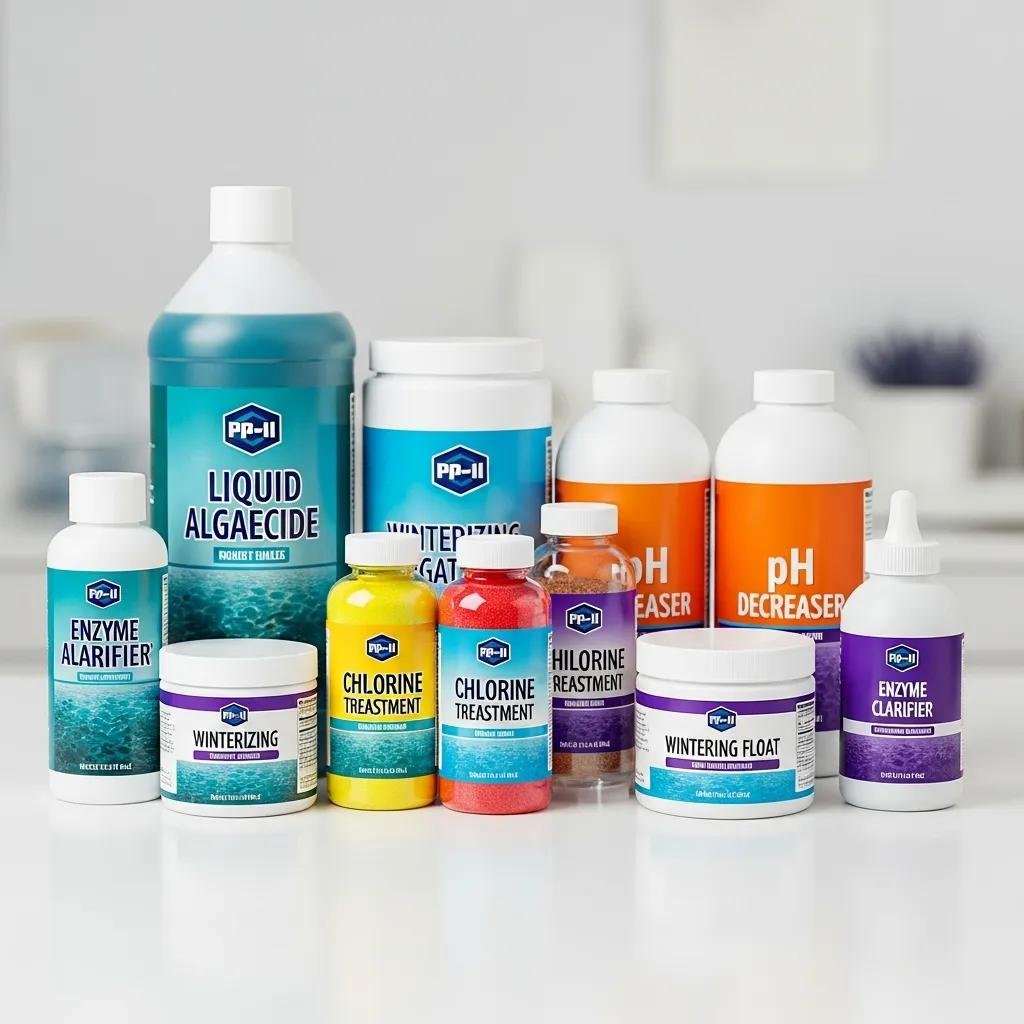 Essential pool winterizing chemicals including algaecide and chlorine for winter preparation