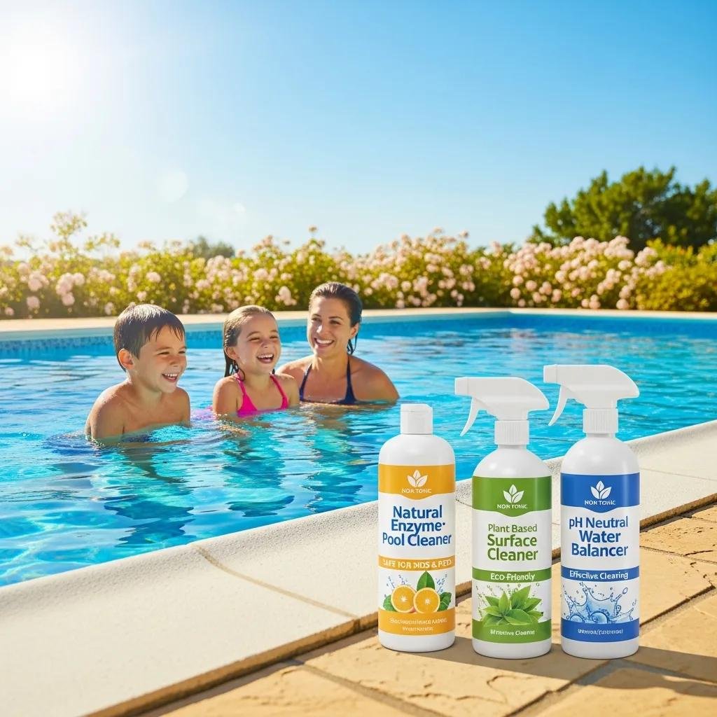 Family enjoying a clean pool with non-toxic cleaning agents, showcasing safe swimming environment