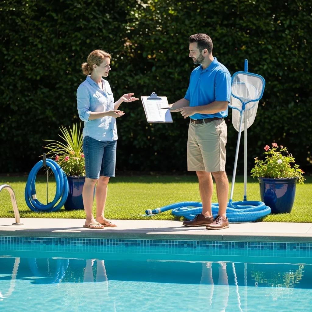 Homeowner discussing pool cleaning service options with a professional
