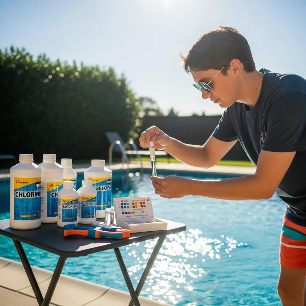 Person testing pool water for chemical balancing in a sunny environment