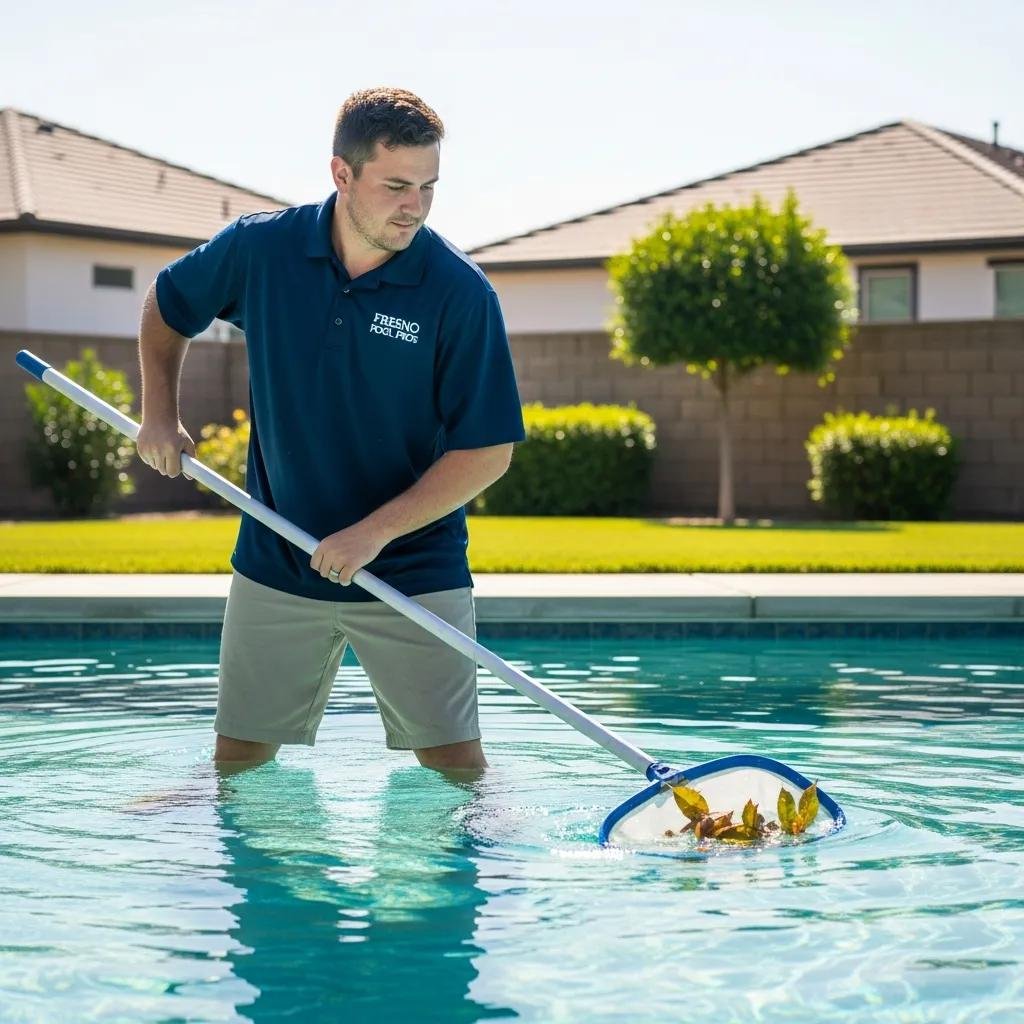 Professional pool cleaner removing debris from a sparkling pool in Fresno