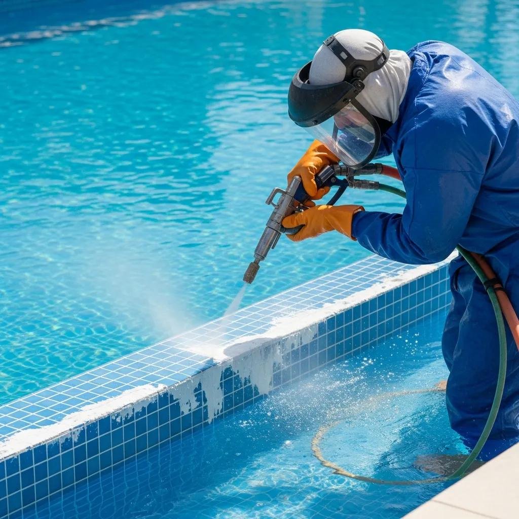 Pool Tile Sandblasting: Calcium & Scale Removal in Fresno & Clovis California Professional pool technician sandblasting tiles to remove calcium buildup