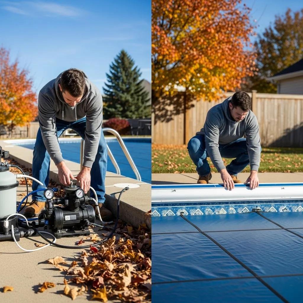Professional pool technician winterizing a swimming pool in a residential backyard