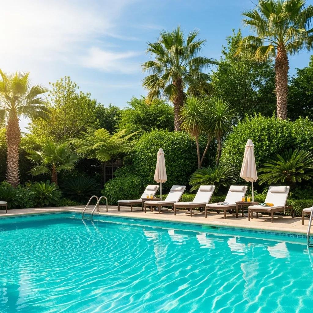 Sparkling swimming pool ready for summer with lounge chairs and greenery