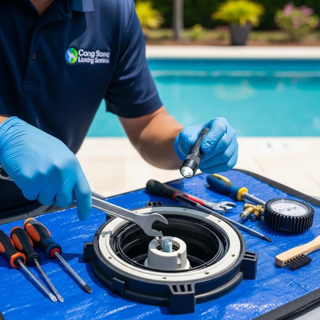 Technician inspecting pool equipment for maintenance and safety