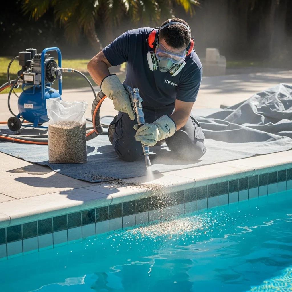 Technician performing sandblasting process on pool tiles for cleaning