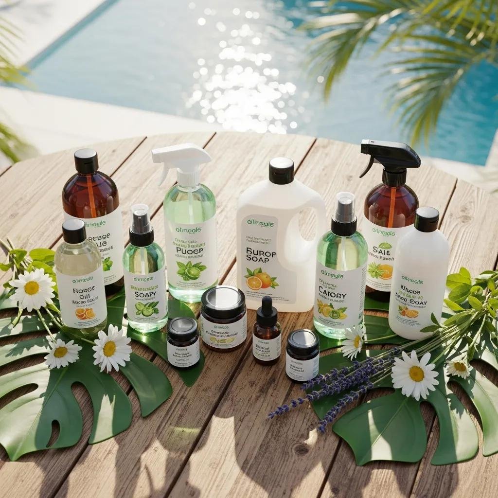Variety of biodegradable and non-toxic cleaning products for pool maintenance, emphasizing eco-friendly options