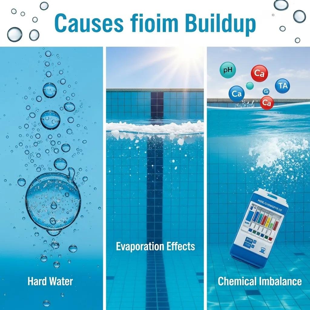Visual representation of causes of calcium buildup in pool tiles