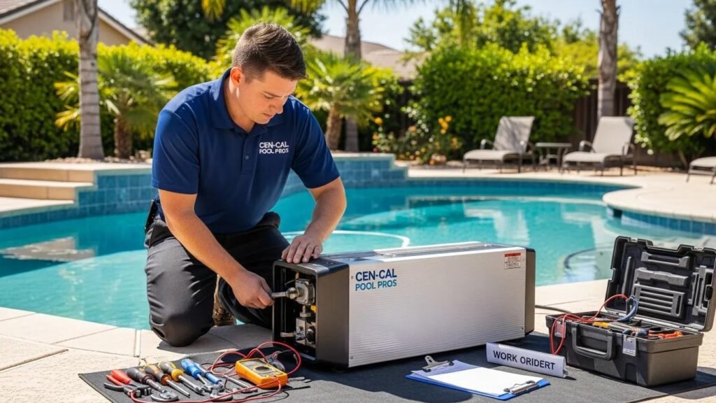 Cen-Cal Pool Pros technician repairing a pool heater in Clovis CA