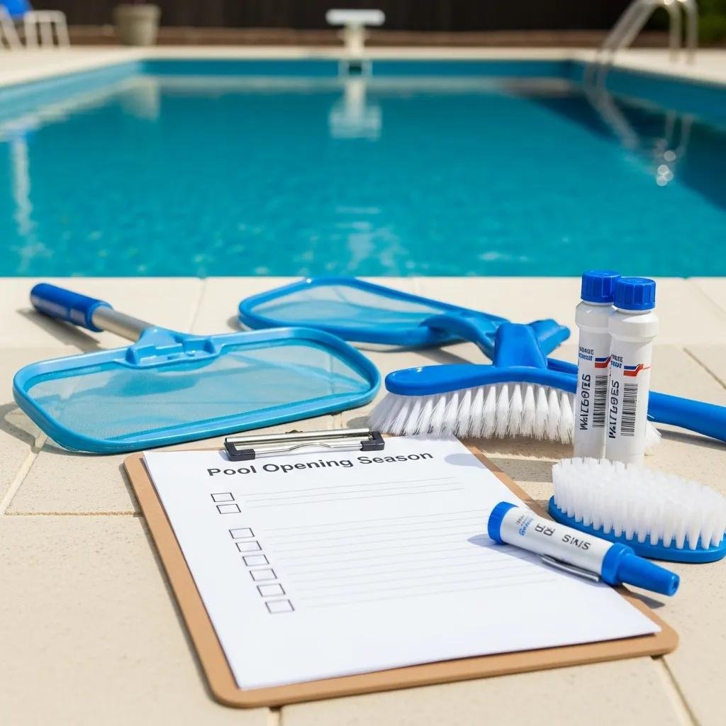 Pool opening checklist laid out next to maintenance tools and a tidy pool