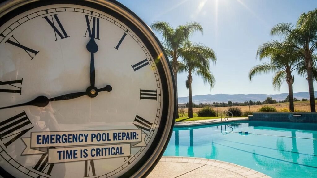 Clock symbolizing urgency in emergency pool repairs, with a pool in the background