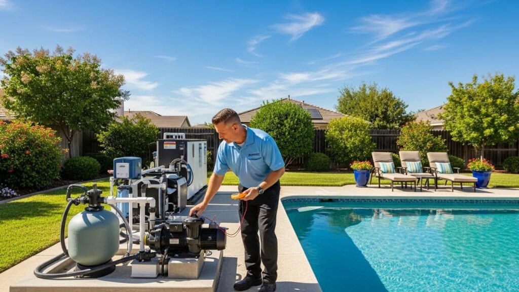 Pool Equipment Repair in Clovis, CA Clovis CA swimming pool with professional technician inspecting pool equipment