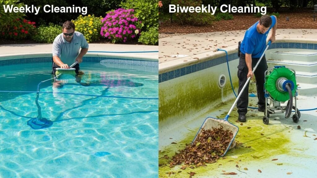 Local pool service provider discussing affordable cleaning options with a homeowner