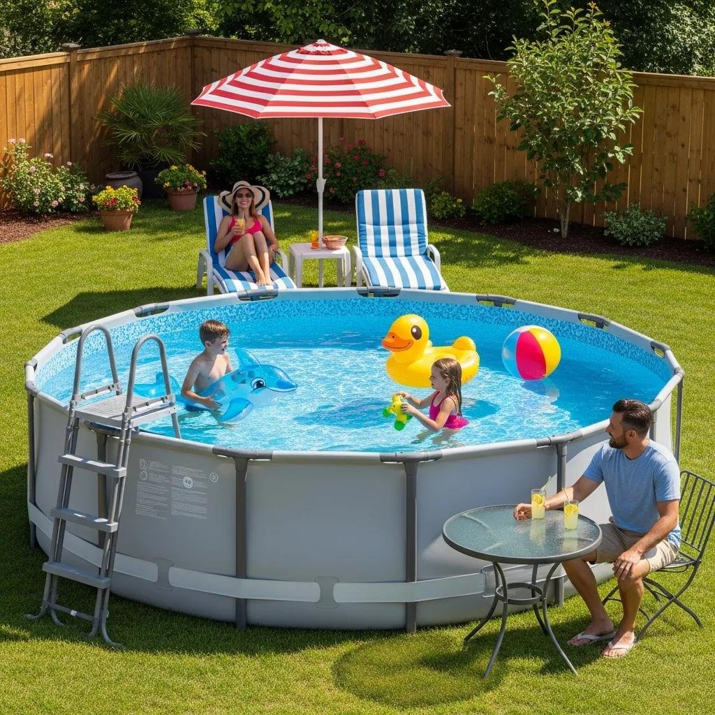 Family enjoying an above-ground pool in a backyard, showing accessible summer fun