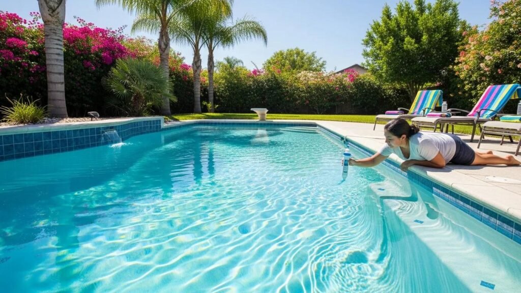 Fresno backyard pool maintenance with clear water and chlorine testing
