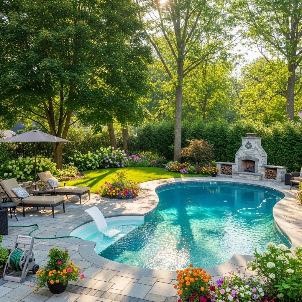 Inground swimming pool in a sunny backyard, highlighting outdoor relaxation and enjoyment