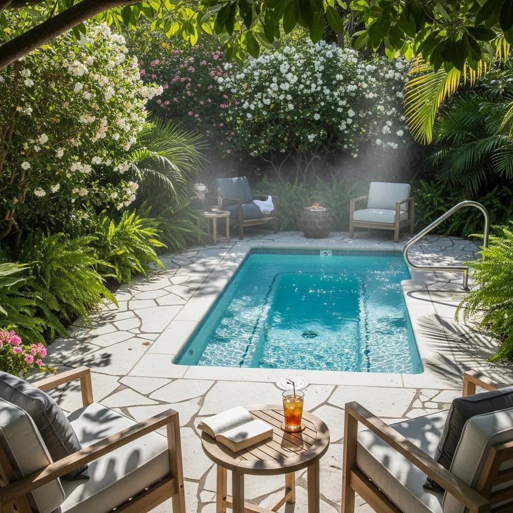 pool spa Inviting pool spa scene with clear water and lush surroundings
