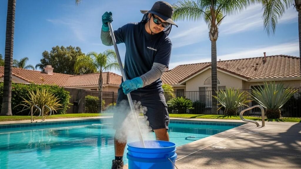 Person performing shock treatment on a Fresno pool for maintenance