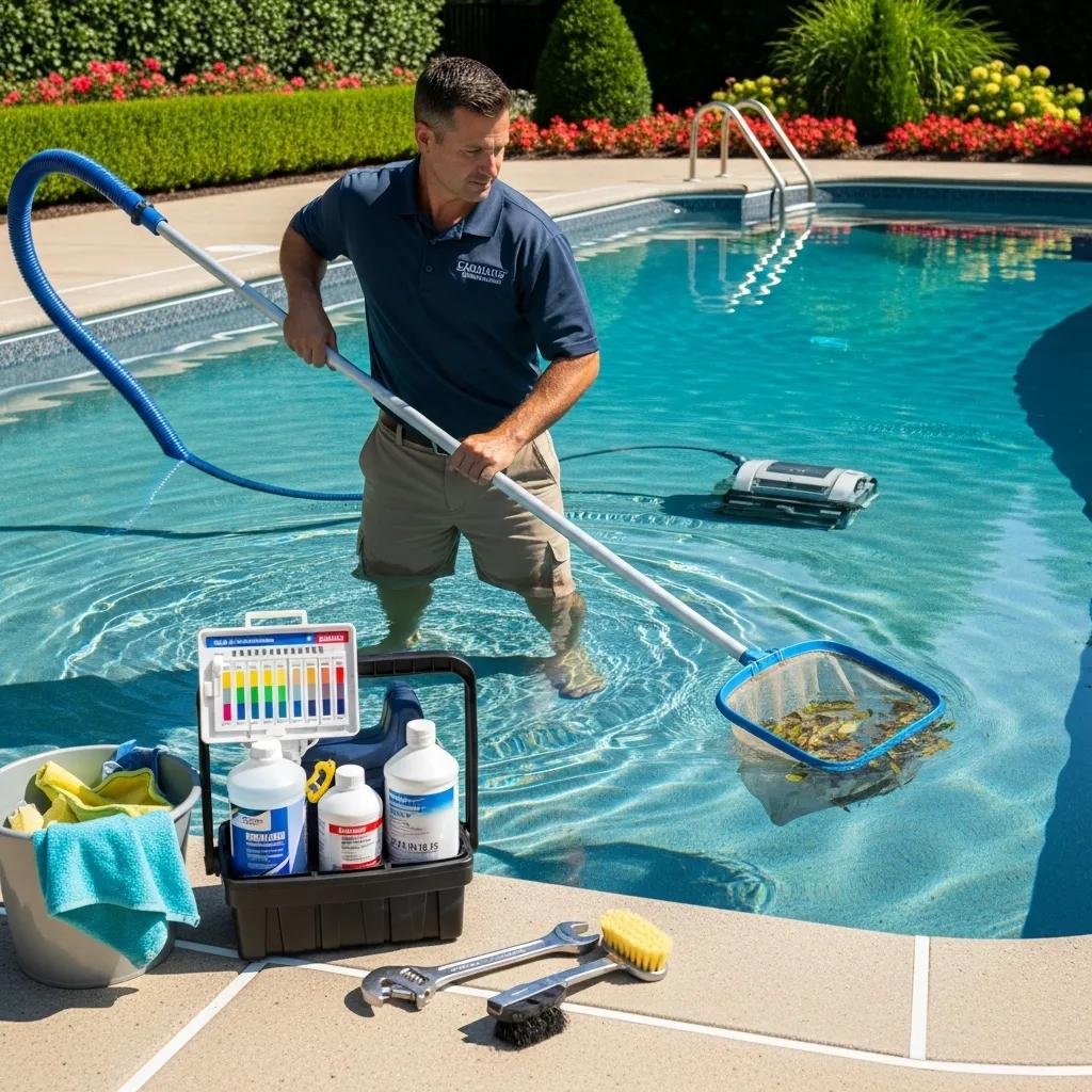 Pool technician servicing an inground pool, highlighting routine maintenance