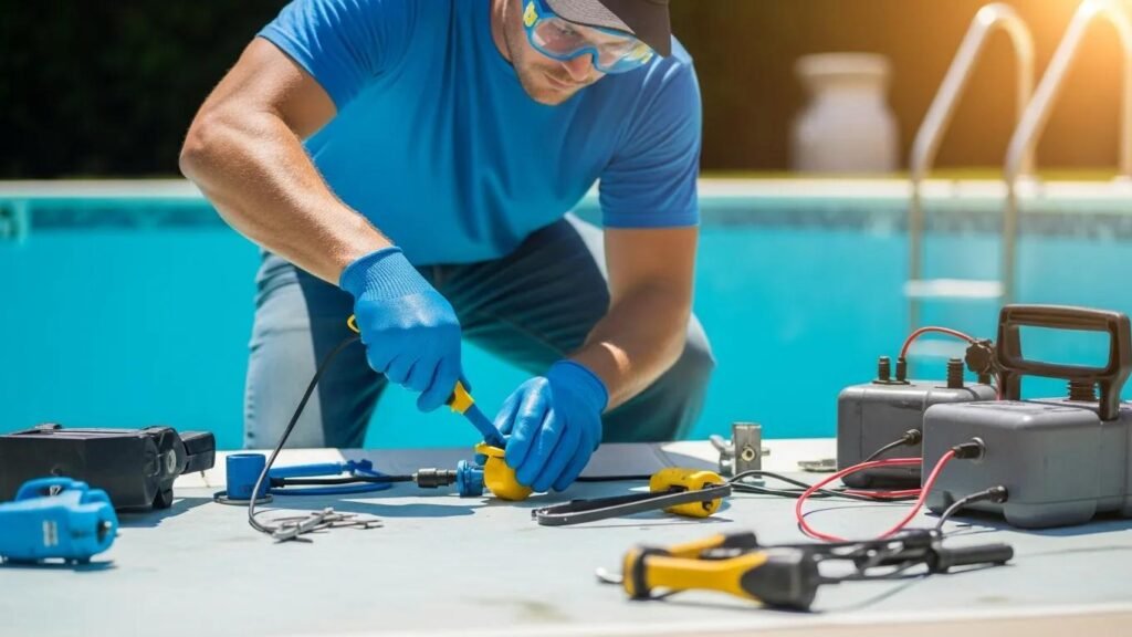 Professional pool technician repairing a pool in Fresno, highlighting emergency pool repair services