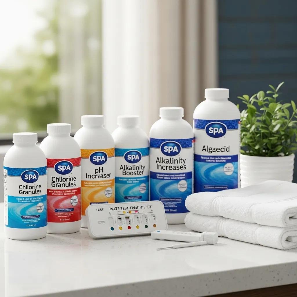Bottles of chlorine and pH adjusters for spa water