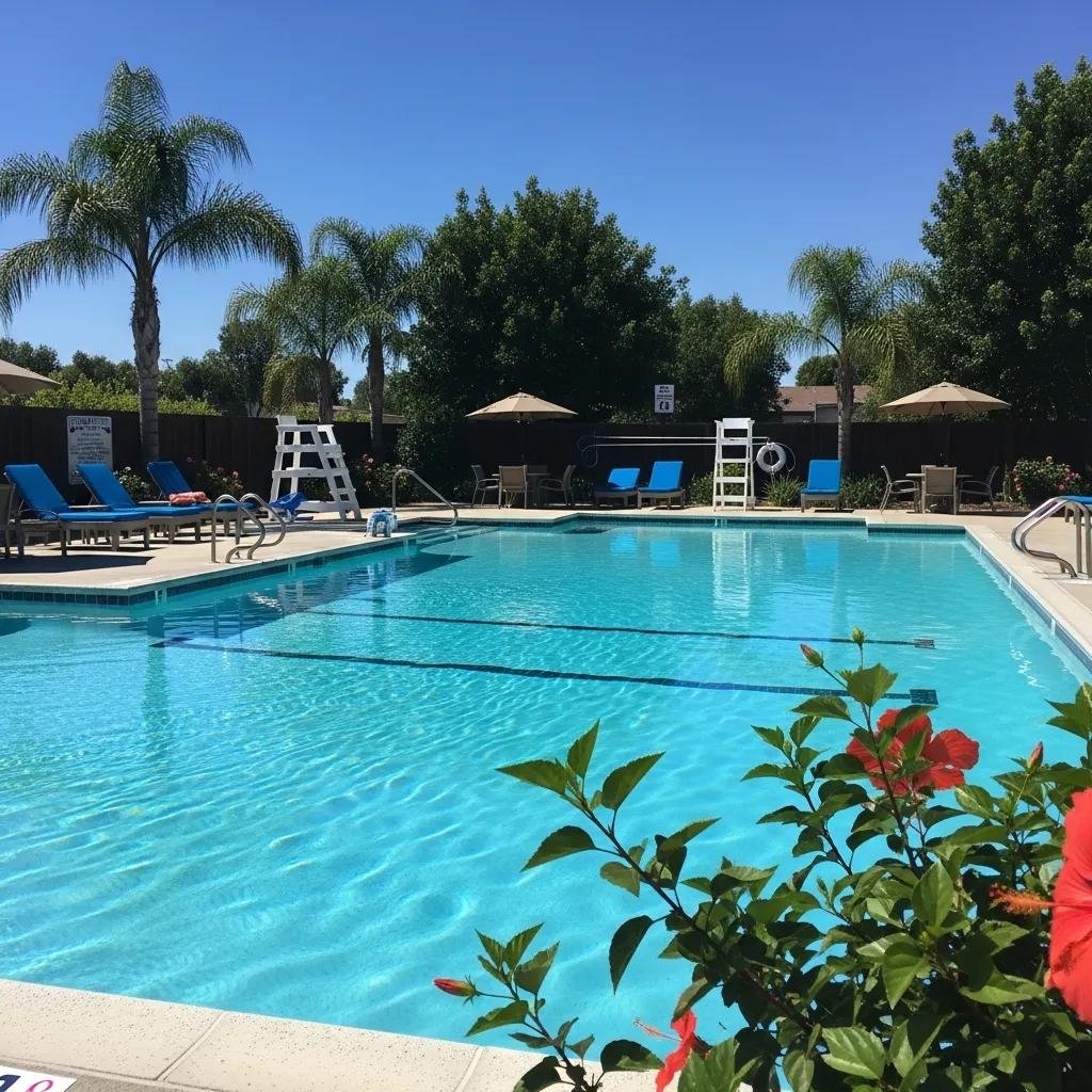Sparkling clean swimming pool in Fresno with clear blue water and well-maintained surroundings