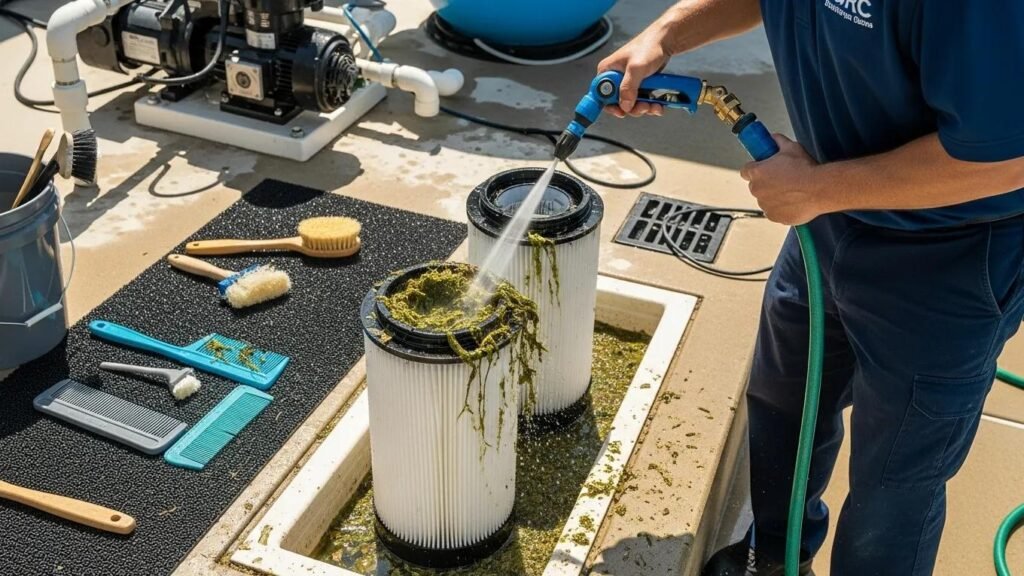 Technician cleaning a pool filter in Clovis CA for maintenance