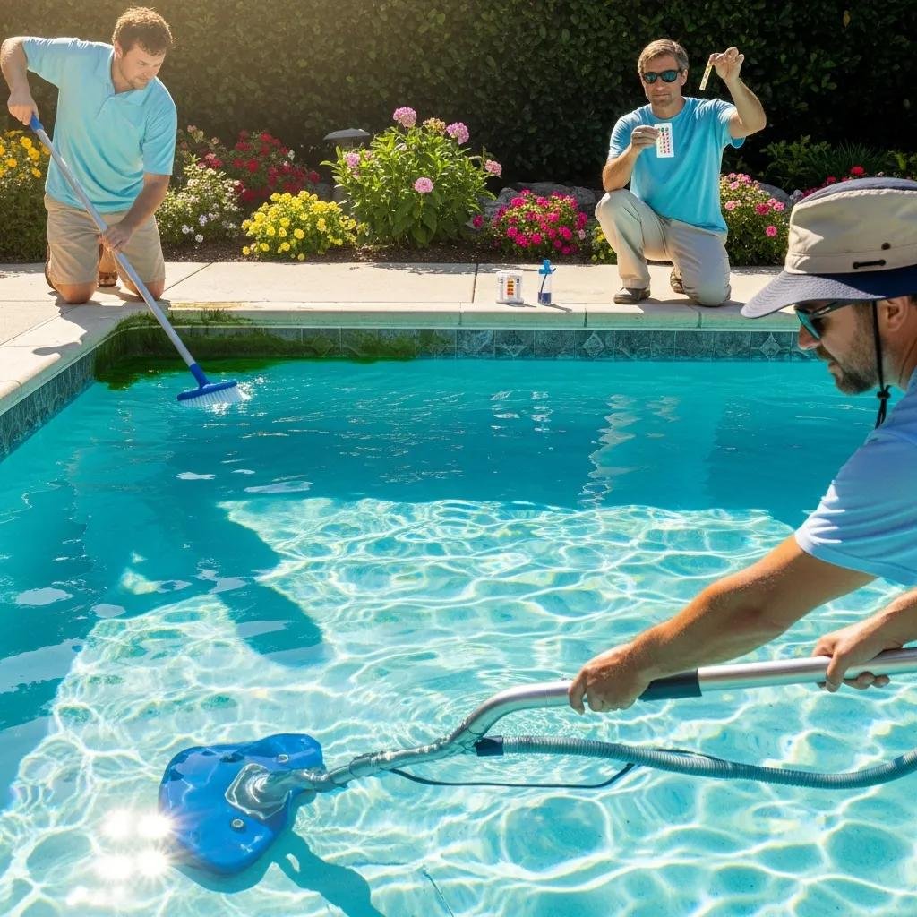 Pool cleaning methods like vacuuming, brushing, and water testing in use